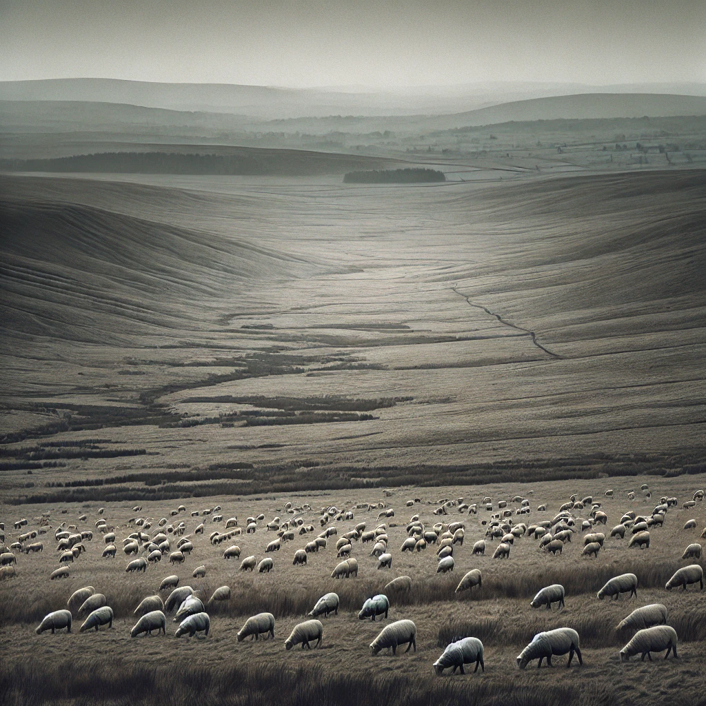 Desolate landscape of grazing sheep