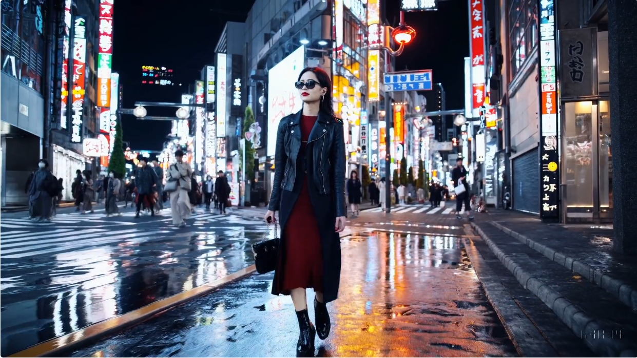 A frame from Sora showing a fashionable woman walking in Tokyo